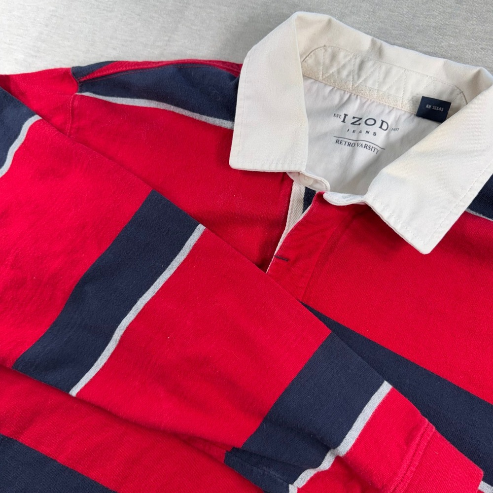 IZOD Rugby Shirt Mens XL Red Navy Blue Striped Retro Varsity Long Sleeve Cotton